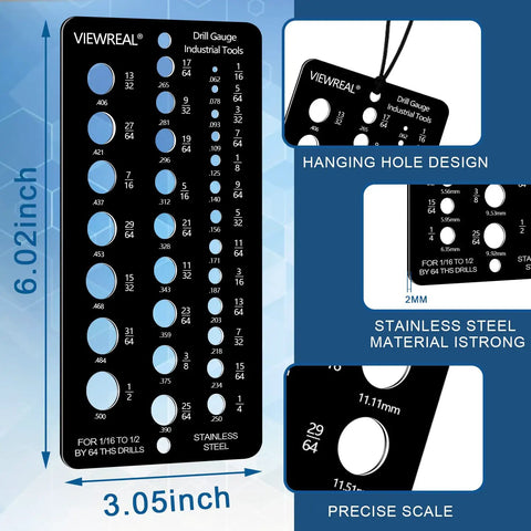 Stainless Steel Drill Bit Gauge With 29 Holes, 1/16 Inch To 1/2 Inch Size Guide In 1/64 Inch Increments, shown with scale and features.