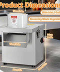 Front view of stainless steel 4-in-1 commercial vegetable processor with wide inlet