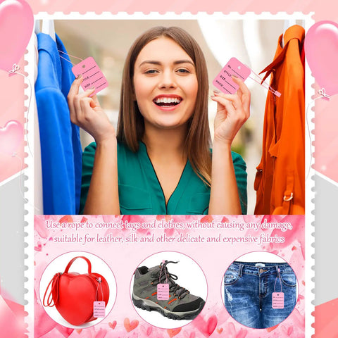 Smiling woman using a tagging gun for clothing kit with 5 needles 3000 barbs 100 price tags 200 snap lock pins 200 safety pins 70 size labels.