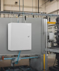 Heavy Duty Carbon Steel Electrical Junction Box 16 By 12 By 8 Inch mounted in a factory setting, showcasing secure lock and clean design.