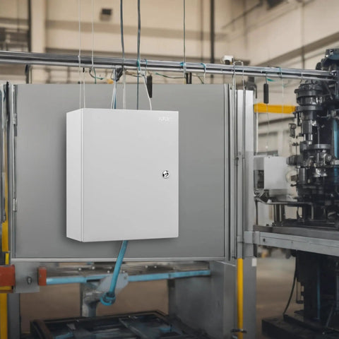 Heavy Duty Carbon Steel Electrical Junction Box 16 By 12 By 8 Inch mounted in a factory setting, showcasing secure lock and clean design.