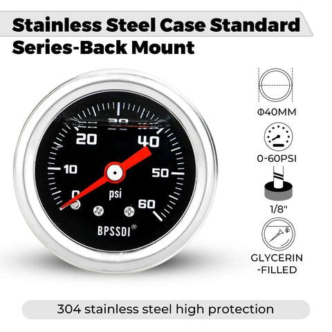 Glycerin-Filled Low Pressure Gauge 0-60 PSI, 1.5 Inch Dial, One-Eighth Inch NPT Back Mount, stainless steel case, front view