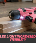 Pink 8V Cordless Drill And Screwdriver Combo Kit With 43 Piece Slick Accessory Bundle Featuring Bright Led Light For Zero Fuss Woodworking Projects Perfect For Weekend Warriors on wooden planks.