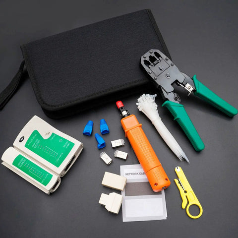 9 In 1 Portable Crimping Tool Kit For Network Cabling And Phone Lines with RJ45 RJ11 RJ12, tester, and tools on display