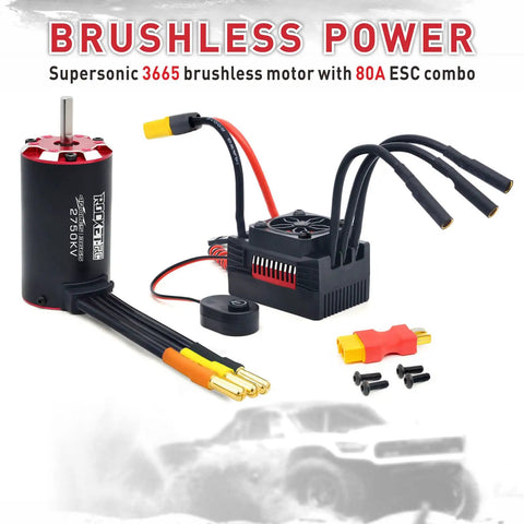 Brushless motor and 80A ESC combo for RC cars, 3665 model with connectors and accessories, front view.