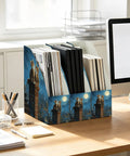 Three Pack File Folder Holders For Magazines Binders Notebooks Books And Documents With Cat City Moon Sky Design on desk