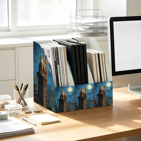 Three Pack File Folder Holders For Magazines Binders Notebooks Books And Documents With Cat City Moon Sky Design on desk