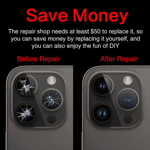 Image showing before and after of phone using Back Camera Lens Glass Replacement Kit For iPhone 14 Pro Max 6.7 Inch With Preinstalled Adhesive Easy DIY Fix Includes Installation Manual And Repair Tool Set For A Pro Grade Camera Restore.