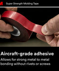 Person holding Super-Strength Molding Tape, aircraft-grade adhesive for metal bonding, 1/2 in x 15 ft, high-strength automotive use.