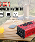 Kickass 600W Car Power Inverter Converts 12V DC To 110V AC With PD 30W USB C Port And Dual AC Plugs on outdoor table next to fan.