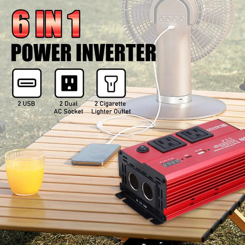 Kickass 600W Car Power Inverter Converts 12V DC To 110V AC With PD 30W USB C Port And Dual AC Plugs on outdoor table next to fan.