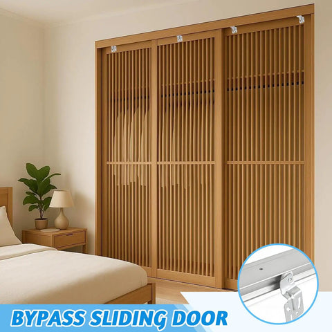 72 Inch By-Pass Closet Track Kit For Sliding Doors With Brass-Plated Pulls And Offset Rollers in a bedroom setting