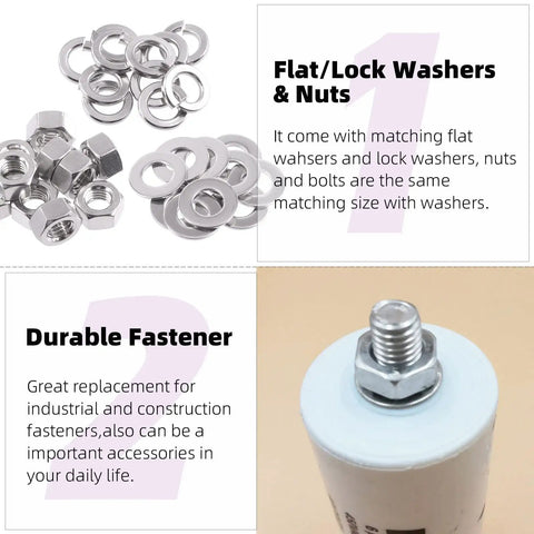 150-Piece SAE 304 Stainless Steel Hex Nuts 8-32 Coarse Thread, Flat Washers and Split Lock Washers Kit with fastener detail