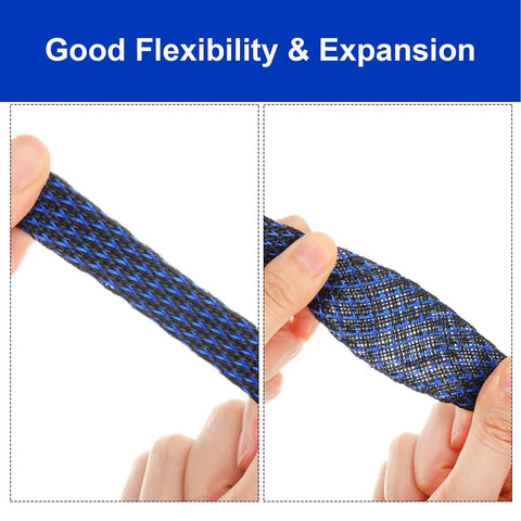 Hands holding braided cable sleeve from 9 Roll 16 Ft Cord Protector Kit With Expandable Braided Cable Sleeves And Heat Shrink Tubes PET Wire Loom