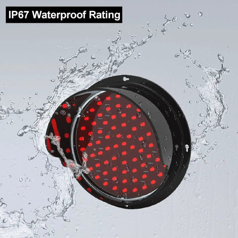 Pro Grade Twelve Volt LED Traffic Light Wall Lamp Features Sun Visor And Rock Solid Three Color Switching Design Perfect For Garage Or Loading Dock Bringing Hella Smooth Street Vibes, IP67 waterproof red lens.