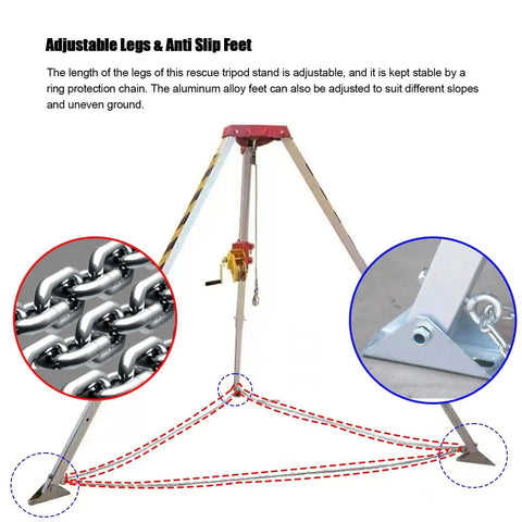 Darn Sturdy Portable Emergency Rescue Tripod With 30 Meter Winch And Legit Aluminum Frame For Deep Well Sewer And Tight Job Sites 440 Lbs Heavy Duty Adjustable Rope System with adjustable legs and anti-slip feet.