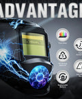 Auto Darkening Welding Helmet With Blue Light Blocking Lens True Color Solar Powered Hood 2 Arc Sensors, product features shown