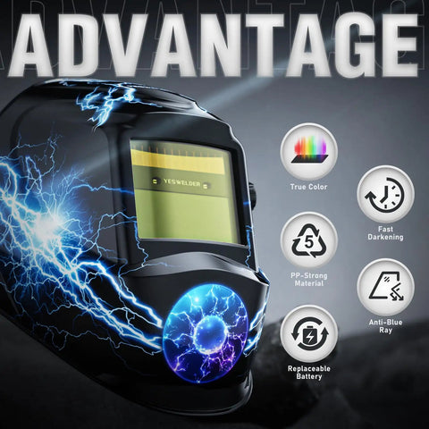 Auto Darkening Welding Helmet With Blue Light Blocking Lens True Color Solar Powered Hood 2 Arc Sensors, product features shown