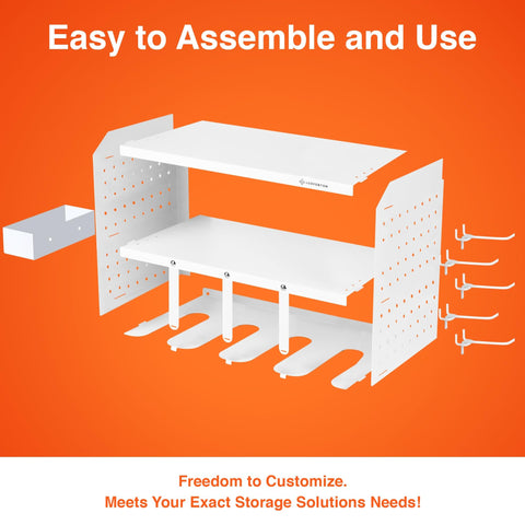 Power Tool Organizer Wall Mount 3 Layer Heavy Duty Cordless Tool Organizer With 4 Drill Hangers shown with modular parts