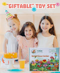 Three children smiling with Flower Garden Building Toy With Insect Pegs 153 Piece STEM Stacking Pretend Play Set.