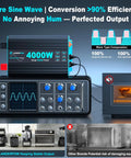 No Sweat 4000 Watt Inverter Pure Sine Wave Converting 12V DC To 110 120V AC For Home Backup RV Camper and Pickup Trucks with 8000W surge capacity.