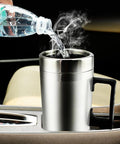 Portable 12V And 24V Car Kettle With Leakproof Stainless Steel Interior pouring water into a steaming kettle in a car.