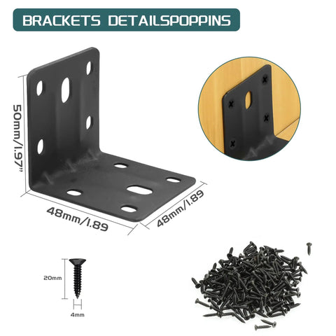 Heavy Duty Black L Brackets 2x2 Inch Steel Angle Supports Rust Free with screws for corner support and furniture reinforcement.