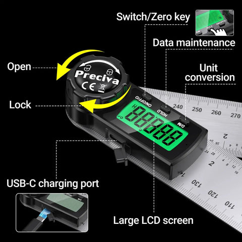 Hassle Free Rechargeable Digital Angle Finder With Type C Charging Auto Shut Down And Straight Up Precision For Heavy Duty Woodworking Carpentry And Quick Handyman Installations Game Changer showing features like large LCD screen and USB-C charging port.