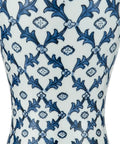 Blue Ceramic Table Lamp With White Fabric Shade Chinoiserie Urn Style Hand Painted Detail close-up of blue floral pattern