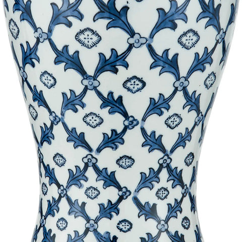 Blue Ceramic Table Lamp With White Fabric Shade Chinoiserie Urn Style Hand Painted Detail close-up of blue floral pattern