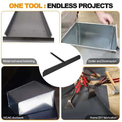 Collage showing Heavy Duty Sheet Metal Hemming Tool for roofing panels, gutters, HVAC ducts, and DIY projects