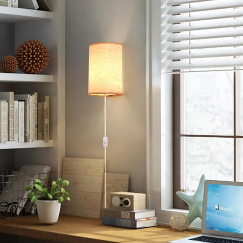 Plug In Wall Sconce Set of Two With 3 Color Modes Warm White Soft White Daylight White Industrial Vintage Vibe Wall Lights With On Off Switch For Bedroom Living Room Hallway Porch installed near window on desk