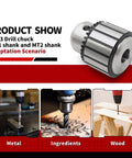 JT33 Drill Chuck One Thirty Second To One Half Inch With MT1 MT2 Morse Shanks for lathe drilling; views of drill usage.
