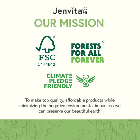 Jenvita sustainability mission statement with FSC certification and Climate Pledge Friendly icons.