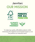 Jenvita mission statement with FSC certification and Climate Pledge Friendly logos on a beige background.