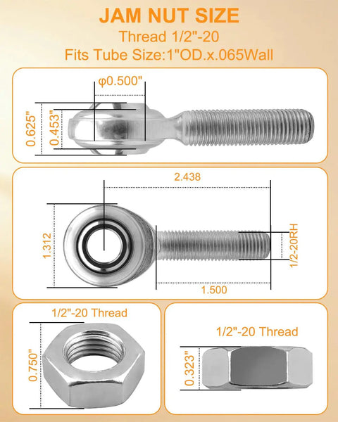 Top Shelf 1/2 Inch C1045 Steel Heim Joint Rod End Kit with Left And Right Hand Jam Nuts size dimensions and thread specifications