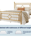 Queen Size Metal Platform Bed Frame Featuring Victorian Headboard With Gold Metallic Finish Heavy Duty Steel Slats Zero Box Spring Necessary built with mattress height recommendation.