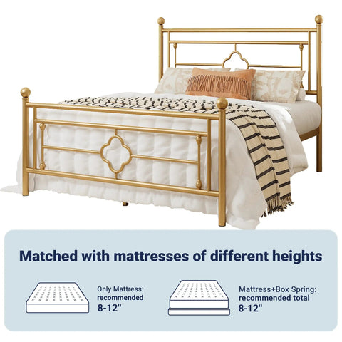 Queen Size Metal Platform Bed Frame Featuring Victorian Headboard With Gold Metallic Finish Heavy Duty Steel Slats Zero Box Spring Necessary built with mattress height recommendation.
