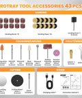 43 piece accessory set for Badass 12V Cordless Rotary Tool Kit, includes sanding, polishing, cutting and wrench tools.