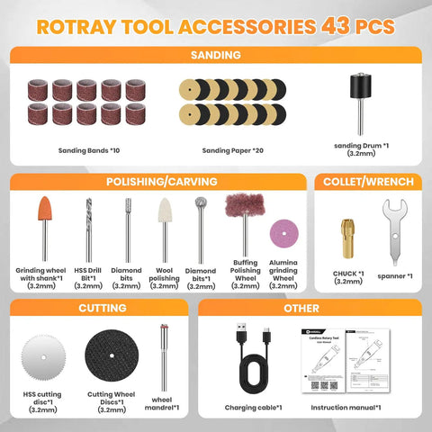 43 piece accessory set for Badass 12V Cordless Rotary Tool Kit, includes sanding, polishing, cutting and wrench tools.