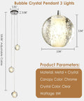 Three Light Bubble Orb Pendant With Chrome Finish Crystal Raindrop Cluster Chandelier for Kitchen Island, 9W