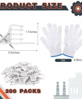 200 Piece Cable Management Kit With Steel Nails And White Wire Clips showing size details of clips and cotton gloves.