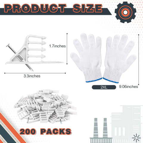 200 Piece Cable Management Kit With Steel Nails And White Wire Clips showing size details of clips and cotton gloves.
