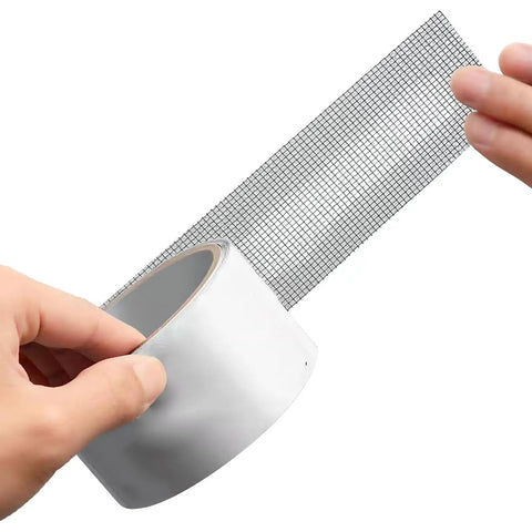 Person holding Window Screen Repair Patch Tape No Fuss Self Adhesive Mesh Patch With Double Sided Adhesive Easy Peel And Stick.