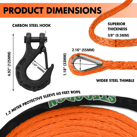 Three Eighth Inch Sixty Foot Synthetic Winch Rope With Dyneema Core 19,854 Lb Capacity Hook And Sleeve Protection diagram