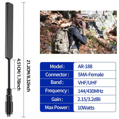 Long Range Dual Band Ham Radio Antenna SMA-Female 144 430 MHz Foldable Gooseneck Whip dimensions and features with hiker