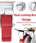 Heavy Duty Eight Inch Polyurethane Caster Wheels With Locking Brakes close-up view of dual locking brake design.