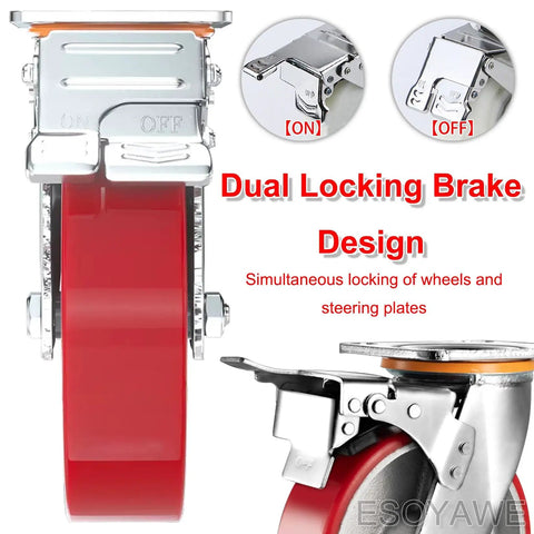 Heavy Duty Eight Inch Polyurethane Caster Wheels With Locking Brakes close-up view of dual locking brake design.