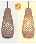 Boho Rattan Pendant Light Fixture, Mini Farmhouse Natural Chandelier Ceiling Lamp with lights off and on