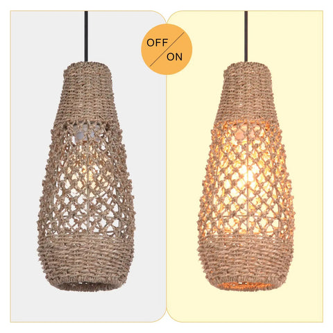 Boho Rattan Pendant Light Fixture, Mini Farmhouse Natural Chandelier Ceiling Lamp with lights off and on